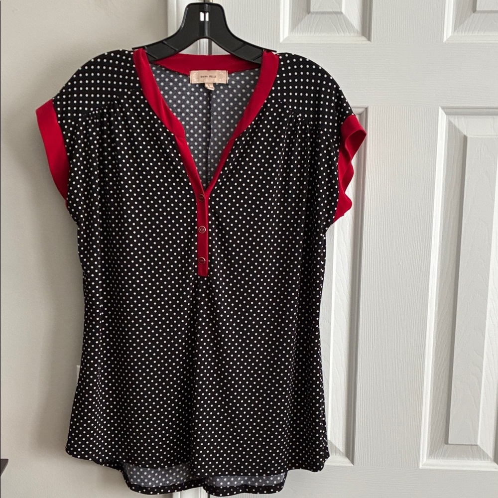 Polka Dot V-Neck Blouse with Red Accents